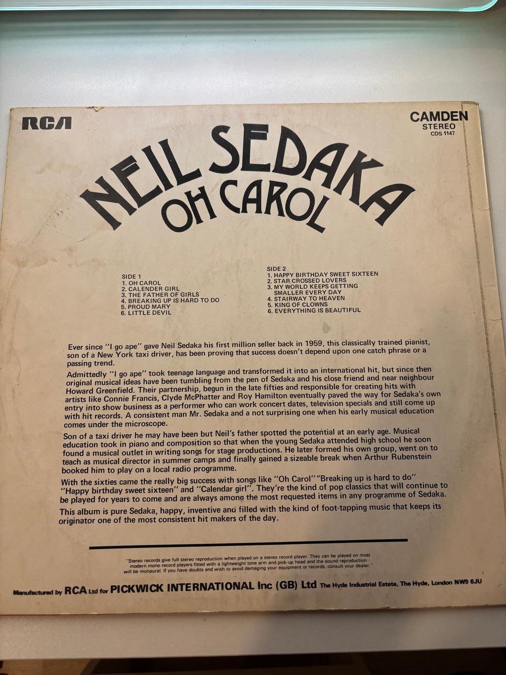 Neil Sedaka Oh Carol Vinyl Album 1970, 1974