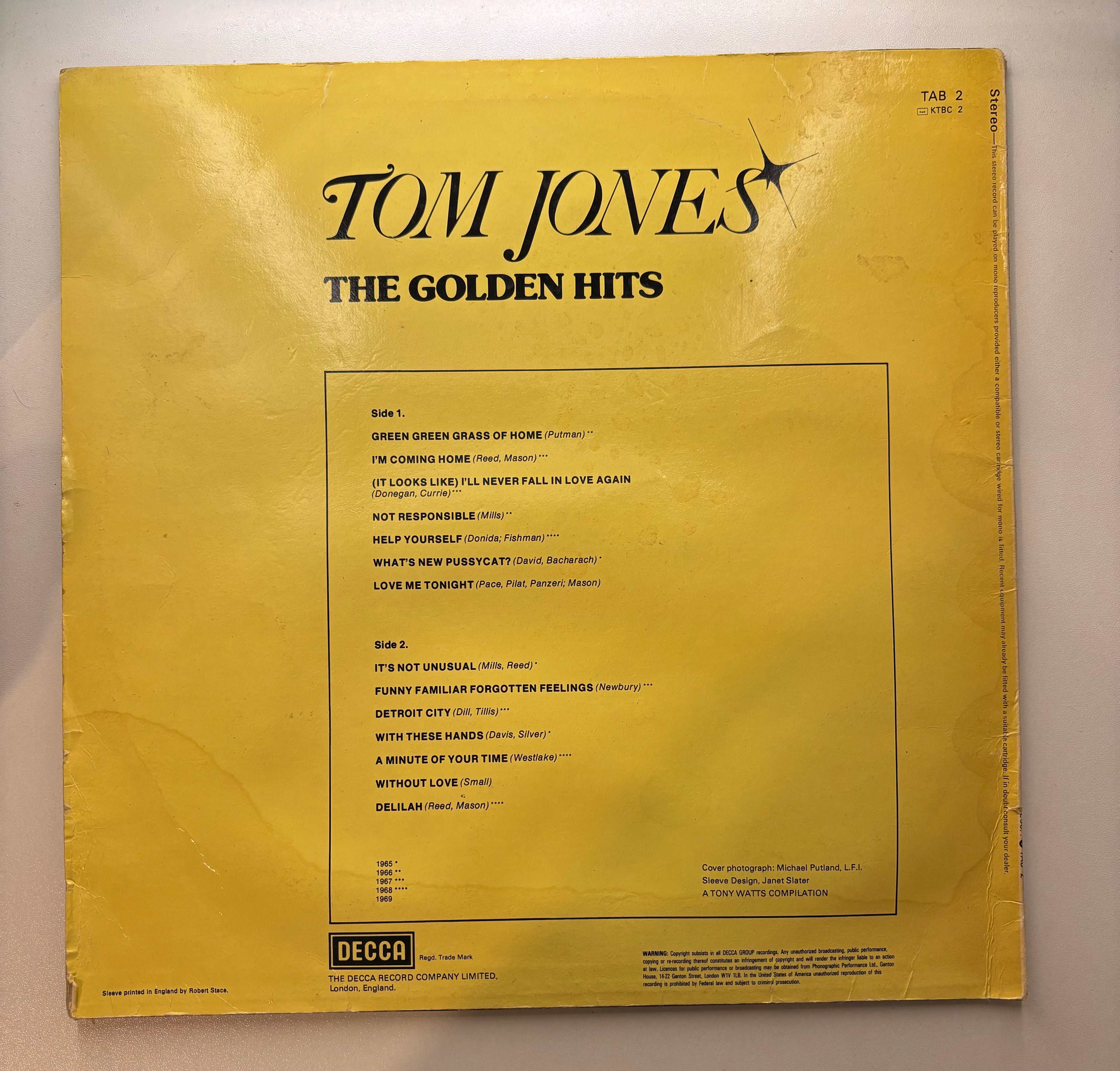 Tom Jones The Golden Hits vinyl LP back cover track listing 1960s UK