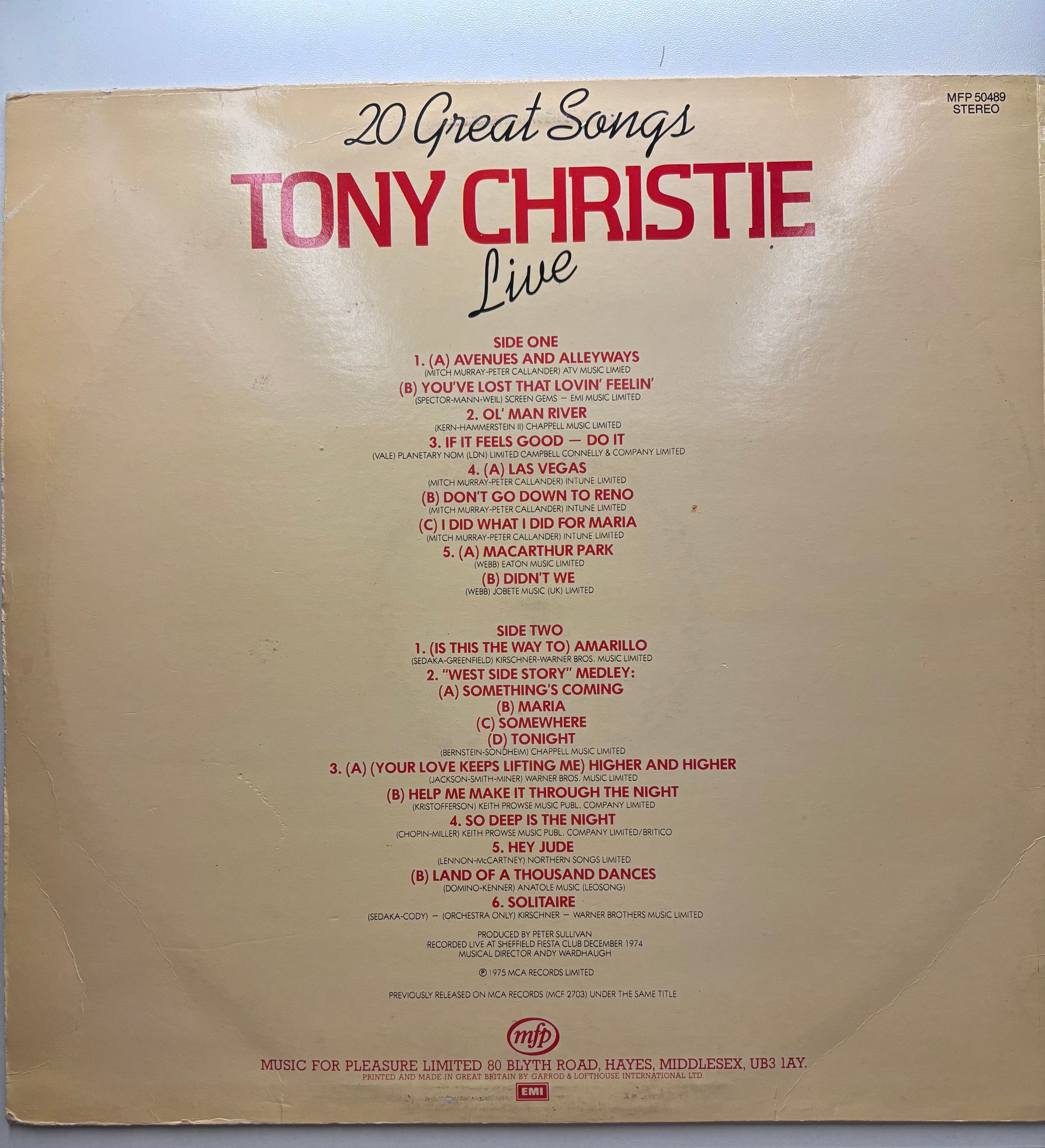 Tony Christie 20 great songs live vinyl LP back cover track listing UK