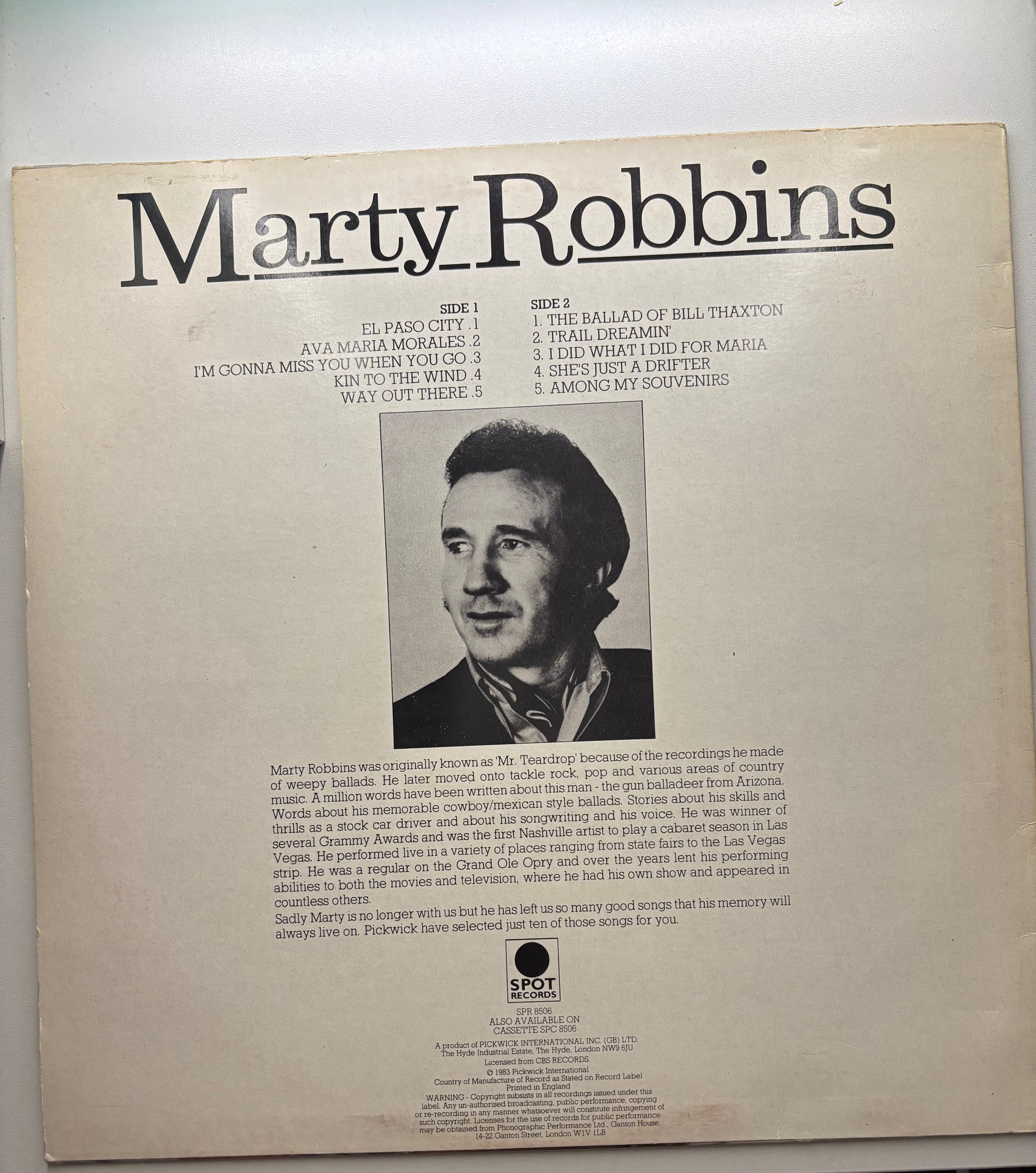 Marty Robbins 1976 vinyl LP back cover track listing UK