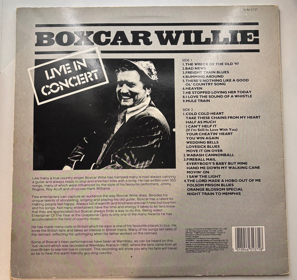 Boxcar Willie live in concert vinyl LP back cover track listing 1984 UK