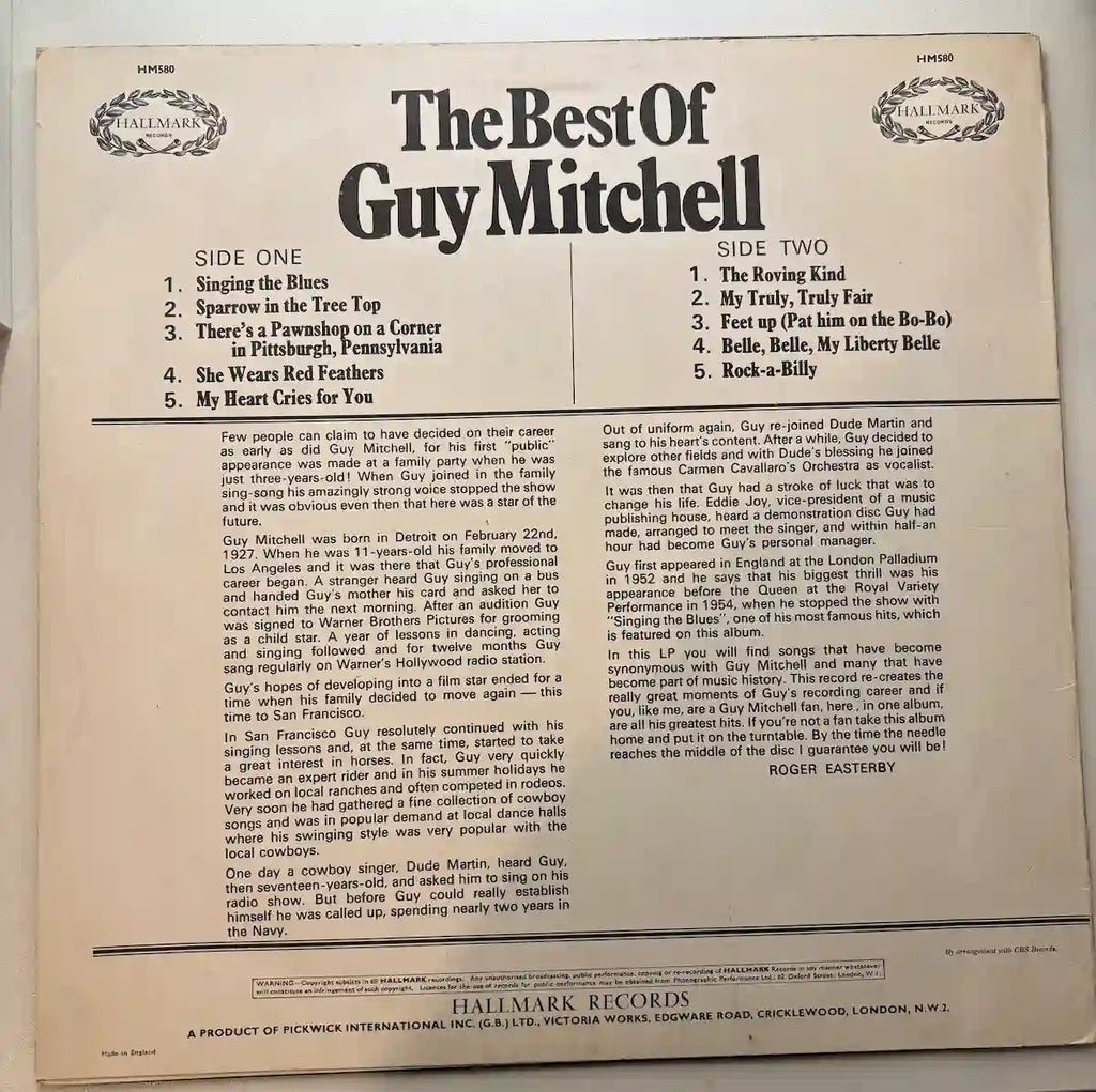 The best of Guy Mitchell vinyl LP back cover track listing 1966 UK