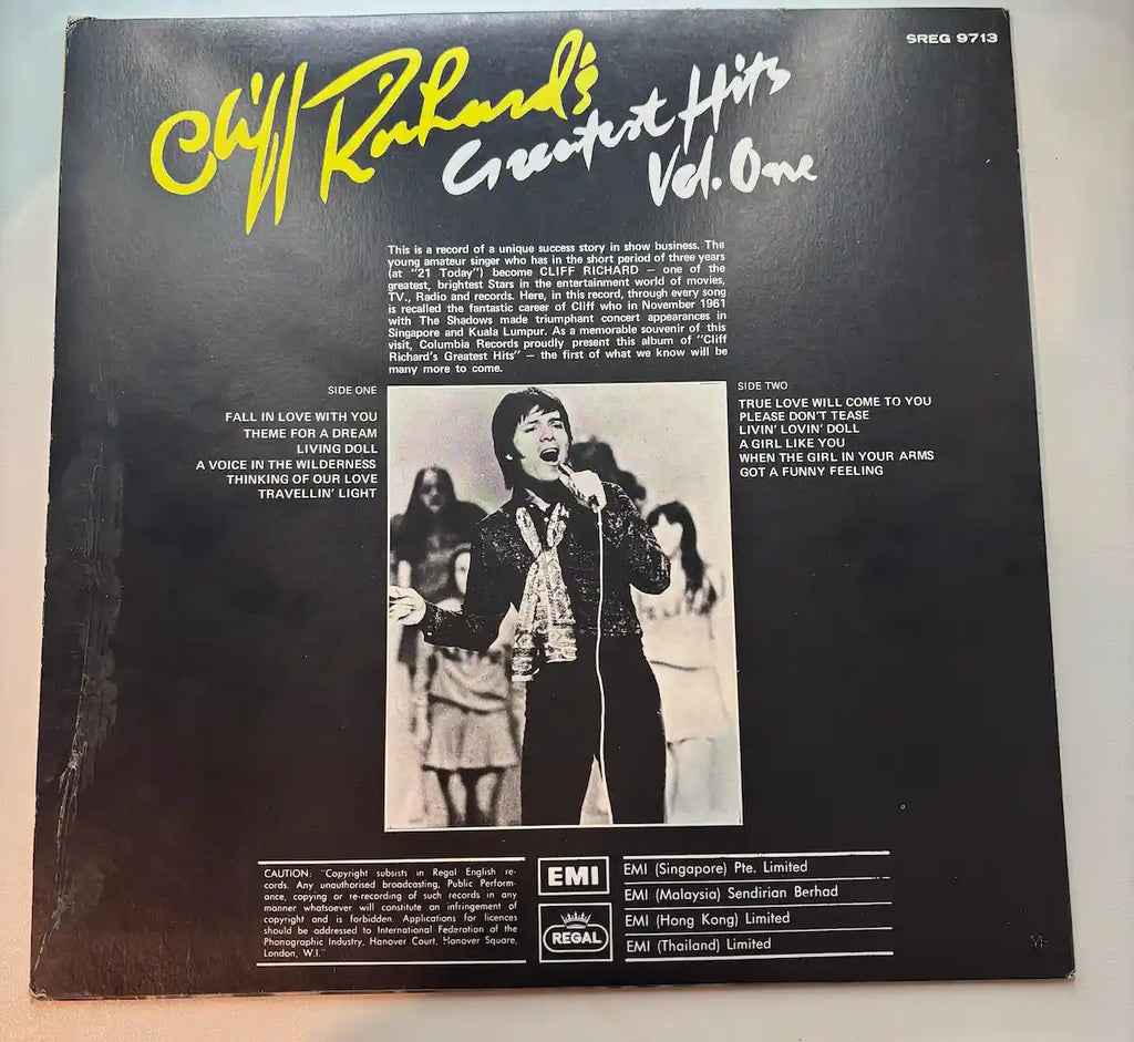 Cliff Richard Greatest Hits Vol 1 vinyl LP back cover track listing UK