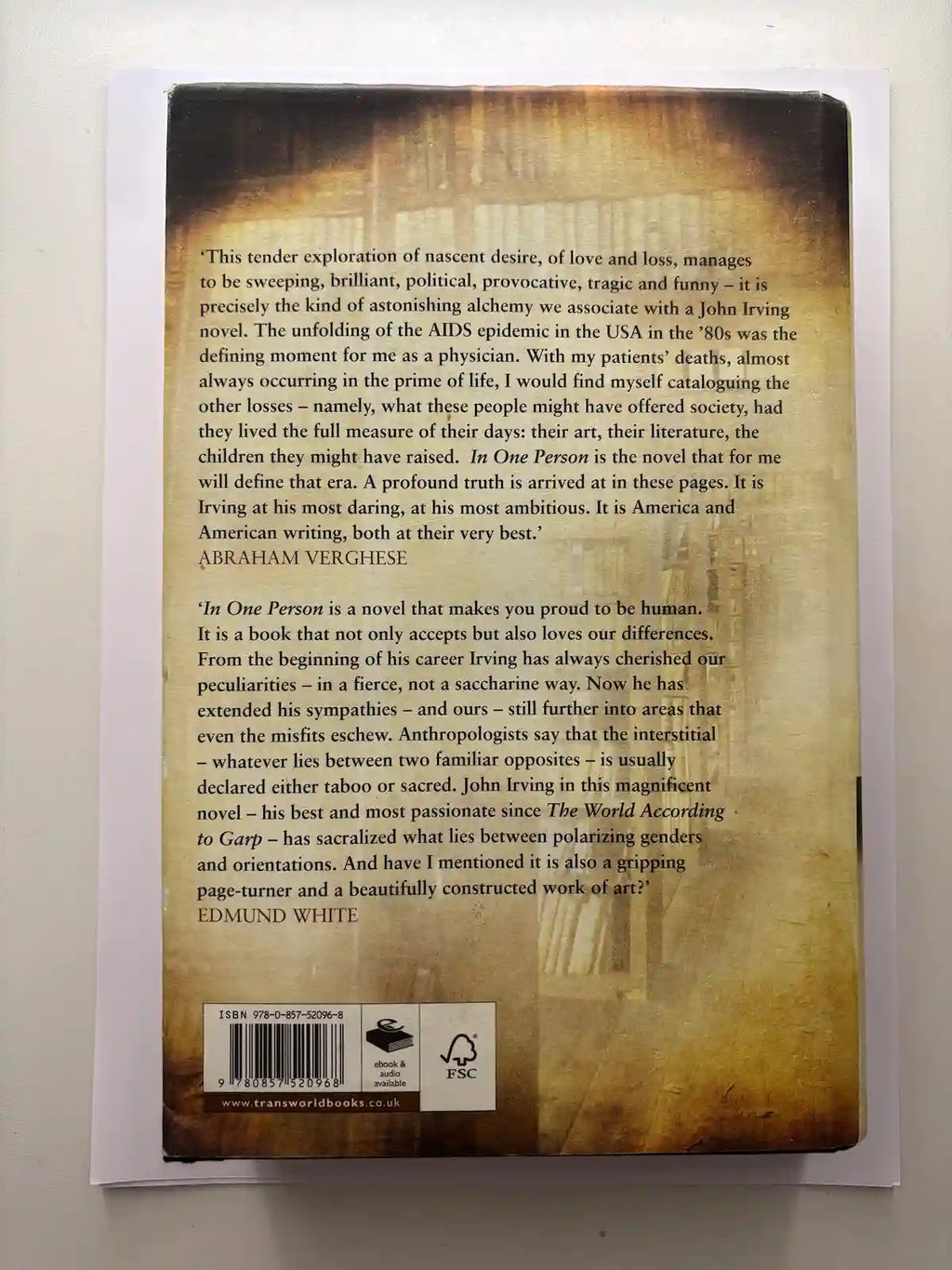In One Person by John Irving literary fiction book back cover description UK
